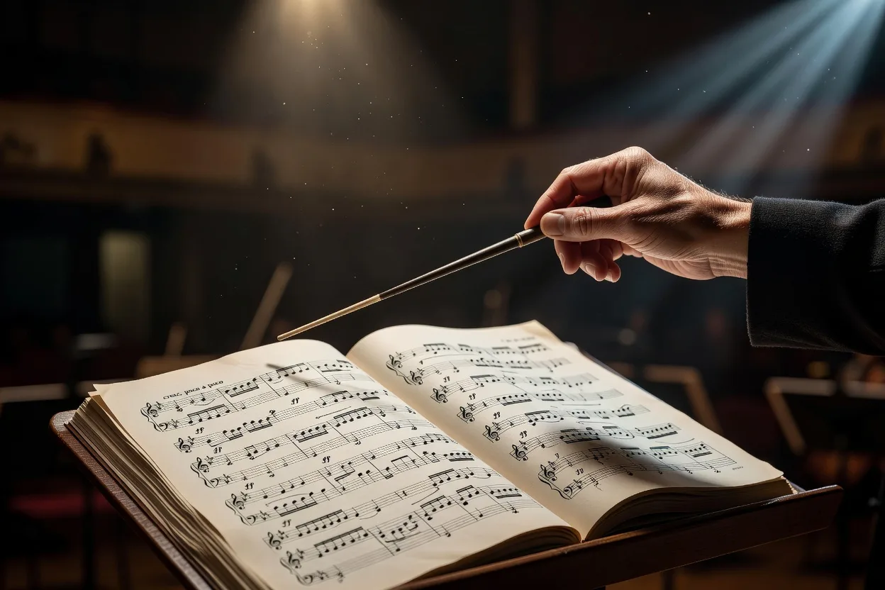 Mains d'un chef d'orchestre tenant une baguette au-dessus d'une partition