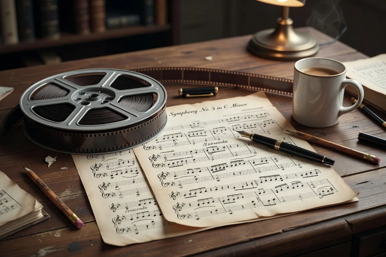 Bobine de film et partition manuscrite sur un bureau de compositeur