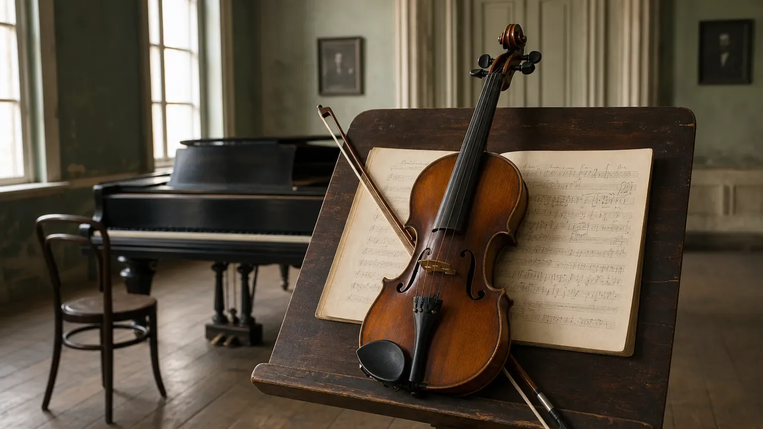 Violon ancien, archet et cahier d'exercices sur un pupitre de conservatoire, sans personne identifiable