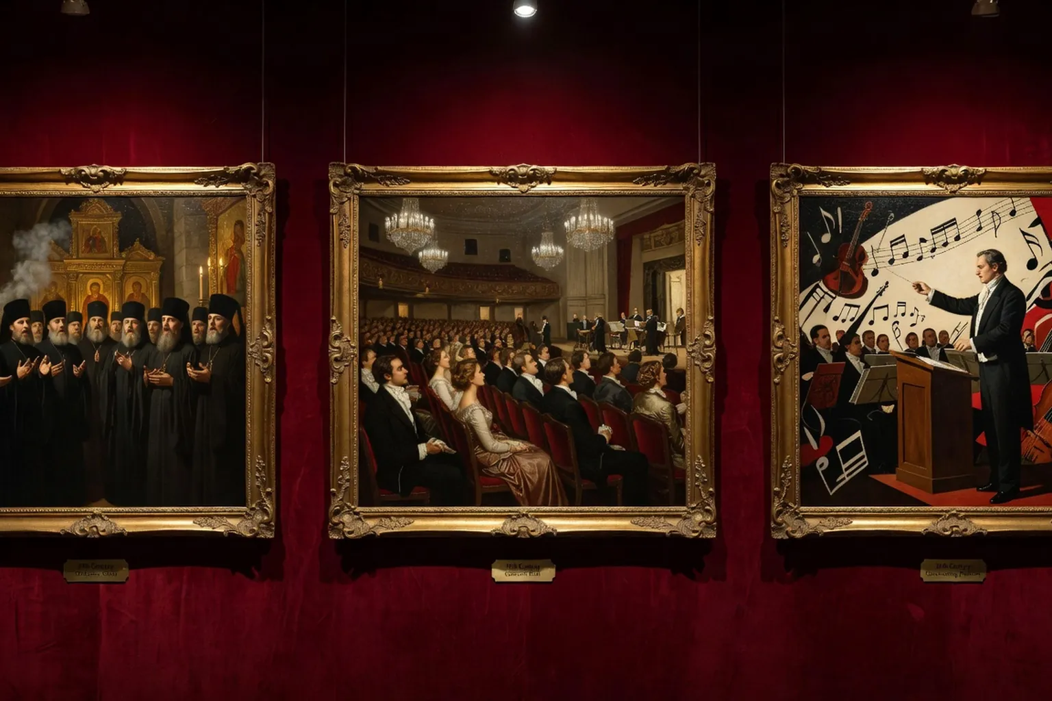 Fresque historique représentant trois époques de la musique russe — chœur orthodoxe XVIIe, salle de concert XIXe, podium dirigeant XXe (scène d'époque allégorique)