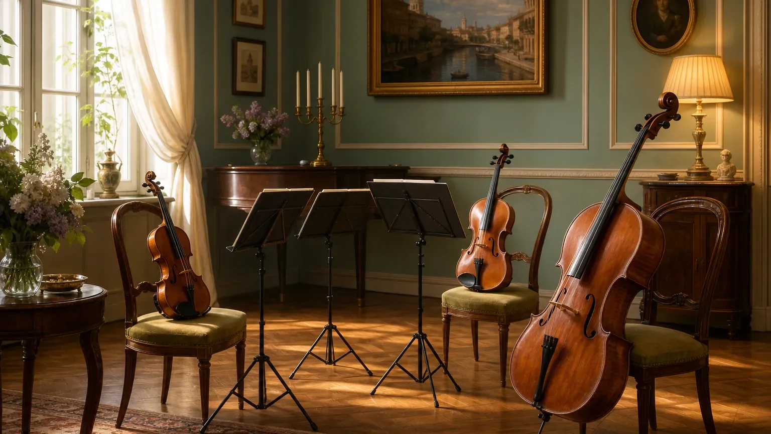 Quatuor à cordes et piano réunis dans un salon de concert intime