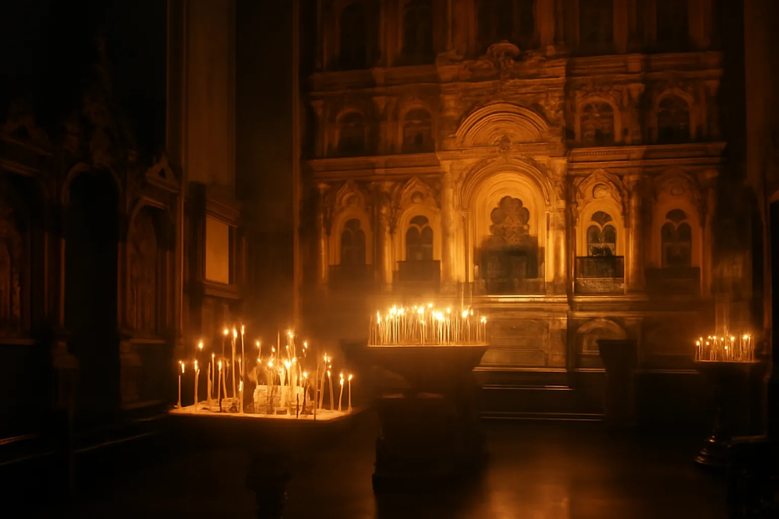 Intérieur d'église orthodoxe russe avec iconostase dorée, chandelles et chœur en robes noires chantant a cappella (scène d'époque)