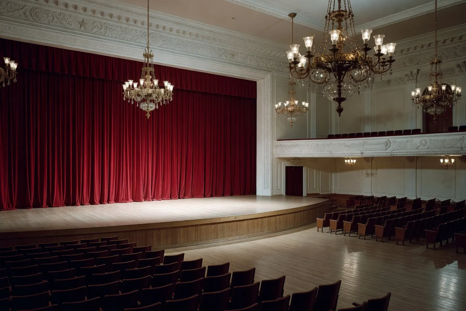 Salle de concert soviétique des années 1950, chandeliers en cuivre, rideau rouge, estrade en bois blond — scène d'époque Moscou 1955
