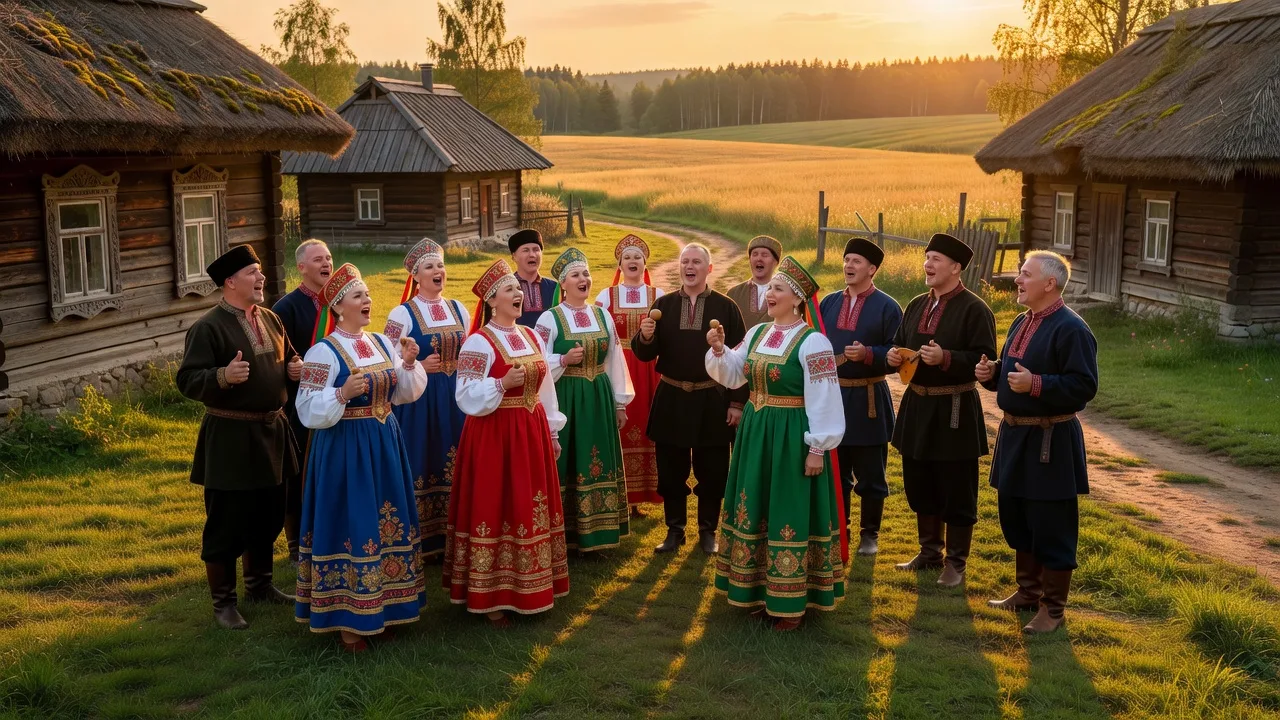 Groupe de chanteurs de folklore russe en costume traditionnel chantant en plein air