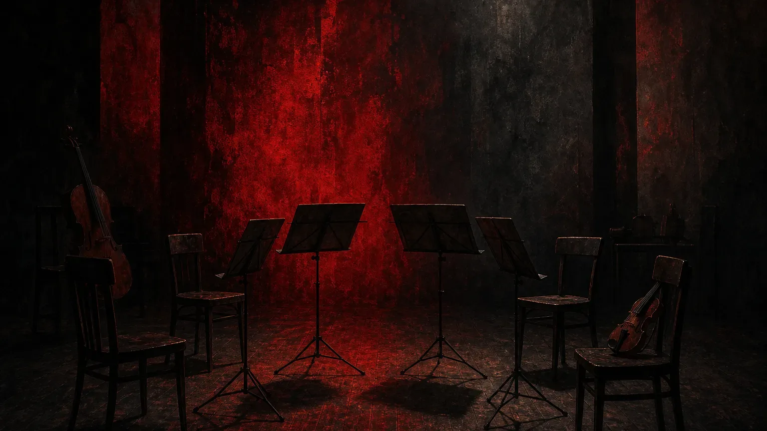 Quatuor à cordes jouant une partition sombre dans une salle de concert intime