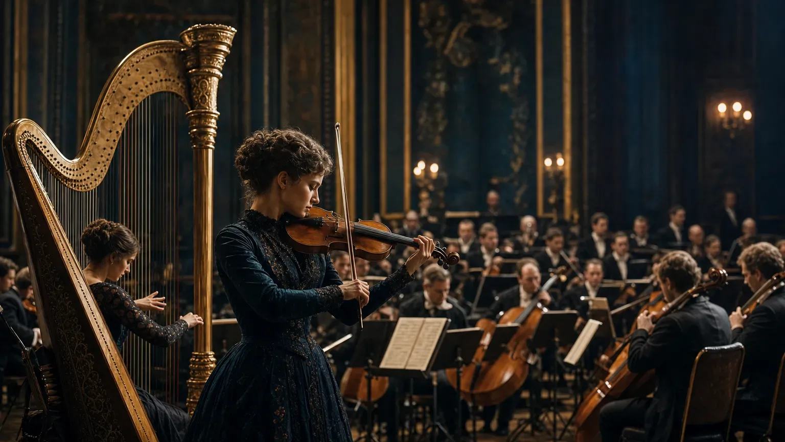 Orchestre symphonique dans une salle sombre, violon solo éclairé devant des pupitres et un décor inspiré de la mer
