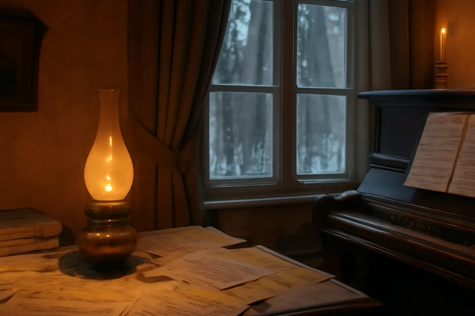 Piotr Ilitch Tchaikovski dans son bureau de composition a Klin, plume et partition sous la lampe a petrole (scene d'époque reconstitue)