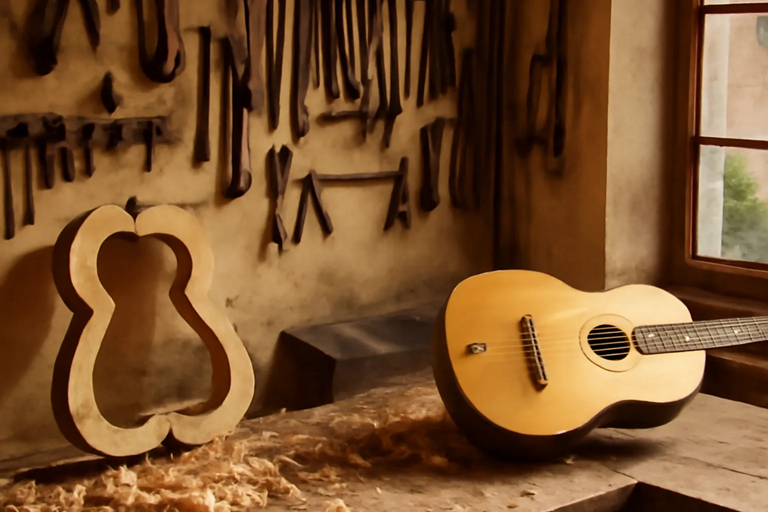 Atelier de luthier français, corps de guitare jazz manouche en cours de fabrication