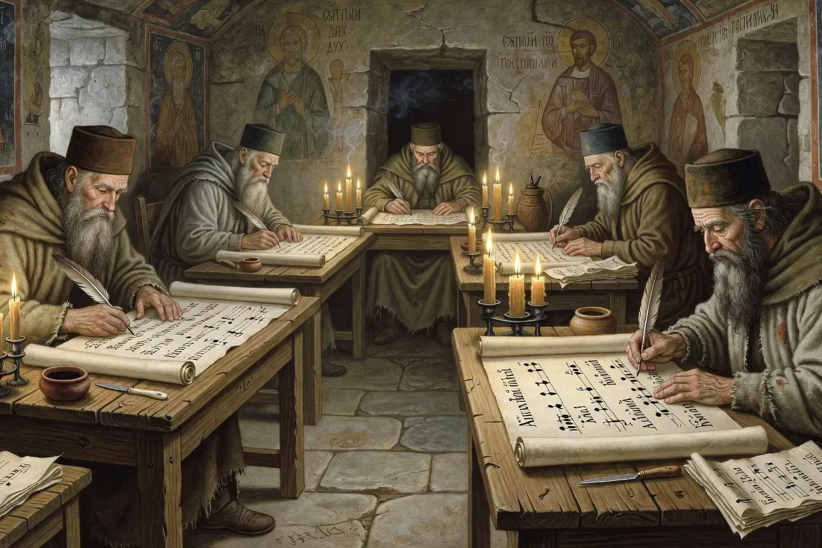 Moines copiant des neumes znamenny sur parchemin, lumière de bougie, scriptorium médiéval russe