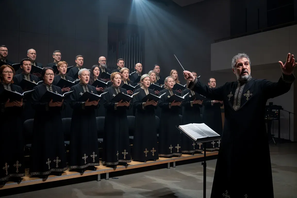 Chœur orthodoxe contemporain en répétition dans une salle de concert moderne
