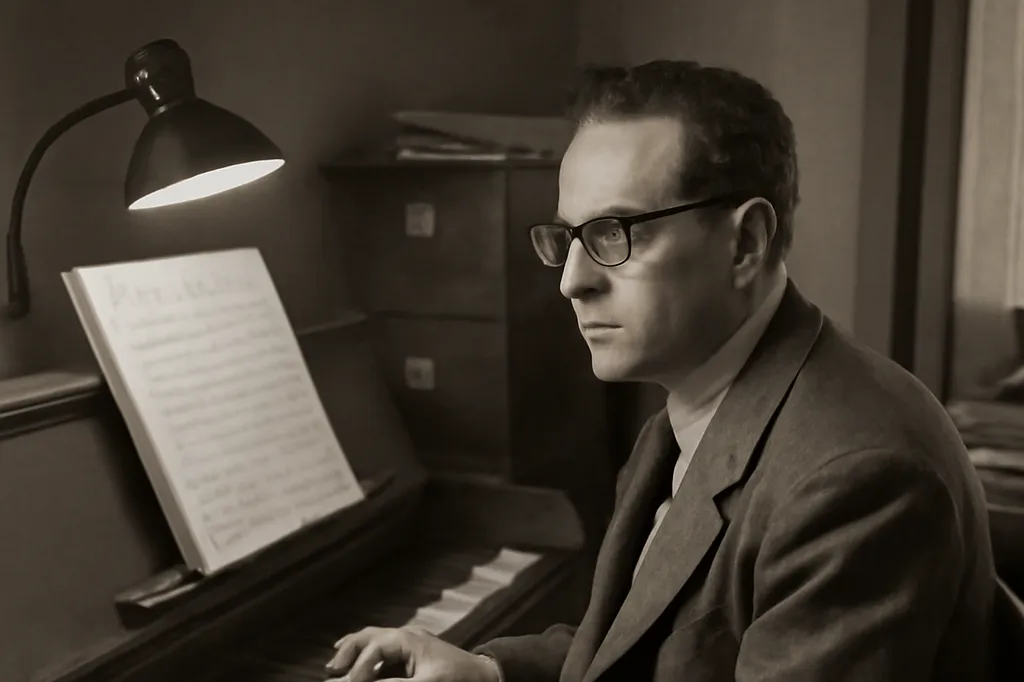 Compositeur au piano dans un bureau modeste, partition de musique de film sur le pupitre