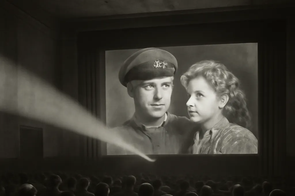 Salle de cinema sovietique des annees 1940 pendant la projection d'un film en noir et blanc