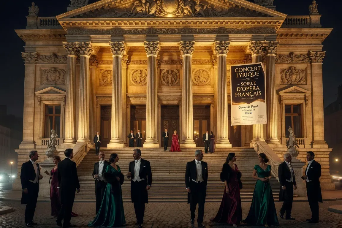 Façade illuminée d'un opéra français de nuit, affiche de spectacle visible, spectateurs arrivant (atmosphère de soirée lyrique)