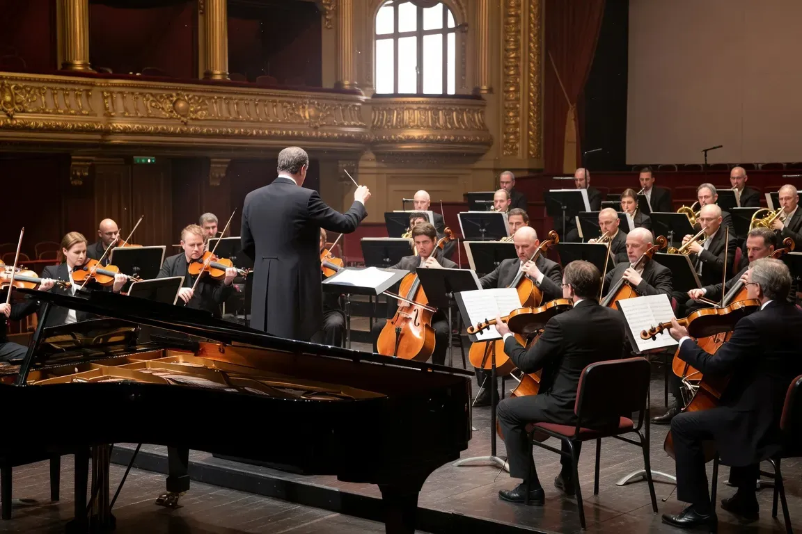 Répétition d'orchestre sur scène de grande salle parisienne, piano de concert au centre, chef et musiciens en lumière de répétition (atmosphère de travail)