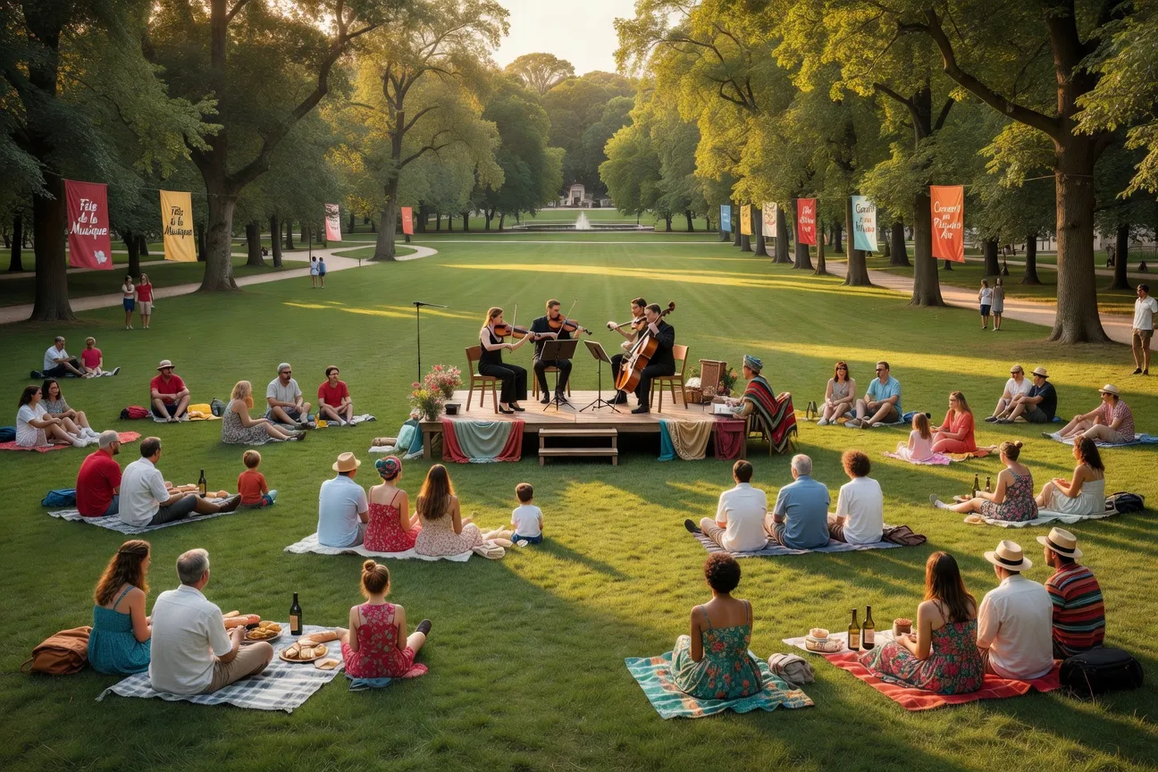 Concert estival en plein air dans un parc français, quatuor à cordes sur scène, public installé sur l'herbe