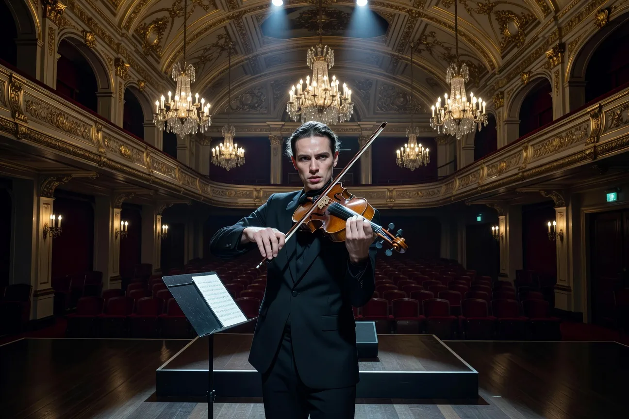 Jeune musicien de l'Est jouant du violon sur scène dans une salle de concert française, expression intense