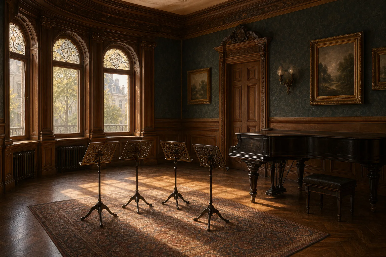 Petite salle de musique de chambre avec quatuor de pupitres vides et piano fermé, architecture de la fin du XIXe siècle