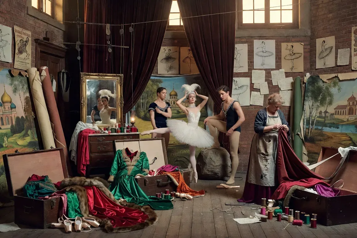 Coulisses d'une compagnie de ballet russe à Paris dans les années 1910, costumes et décors, atmosphère bohème vintage