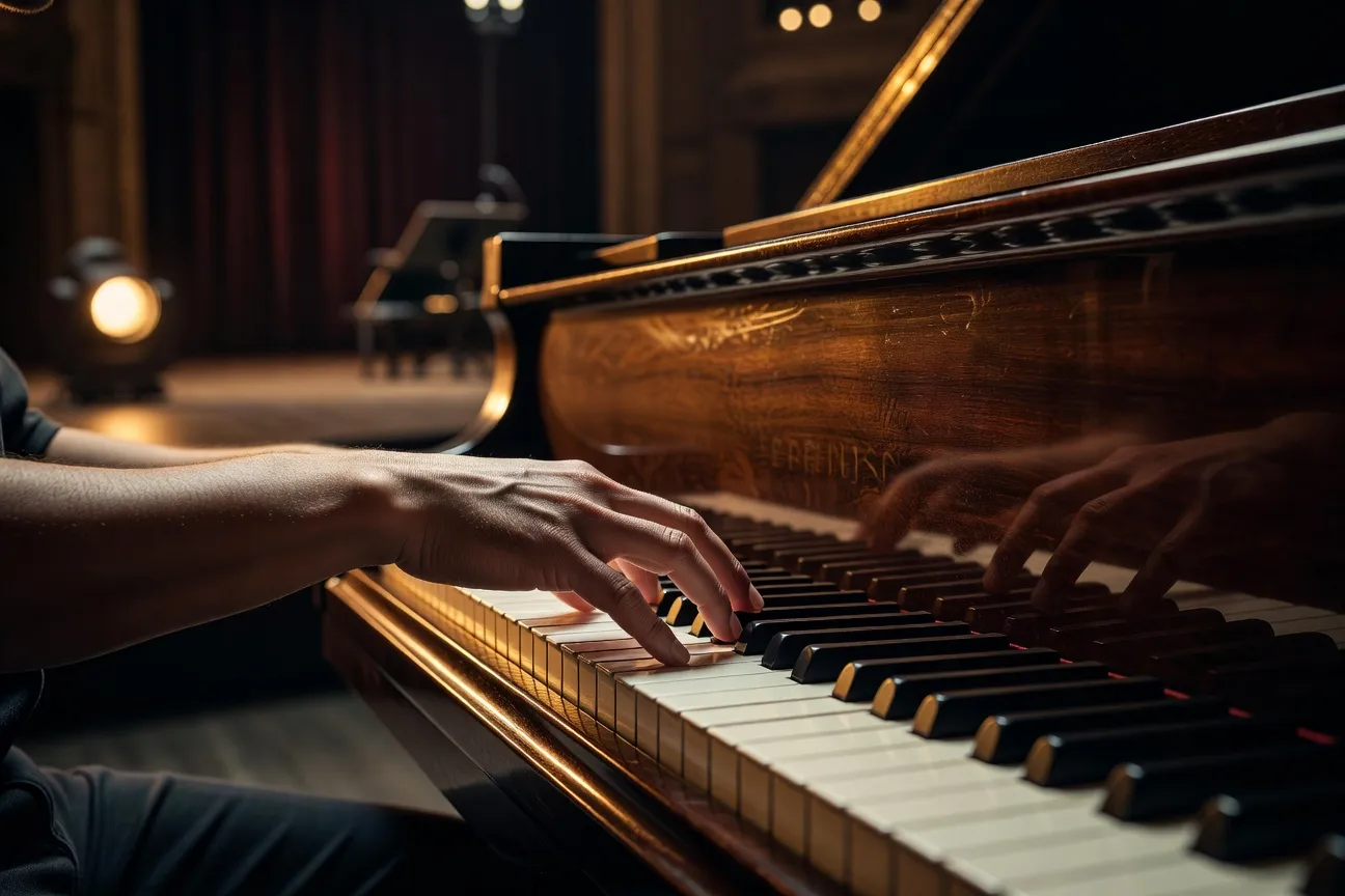 Pianiste au clavier de concert, gros plan sur les mains et le clavier, lumière chaude de salle de concert