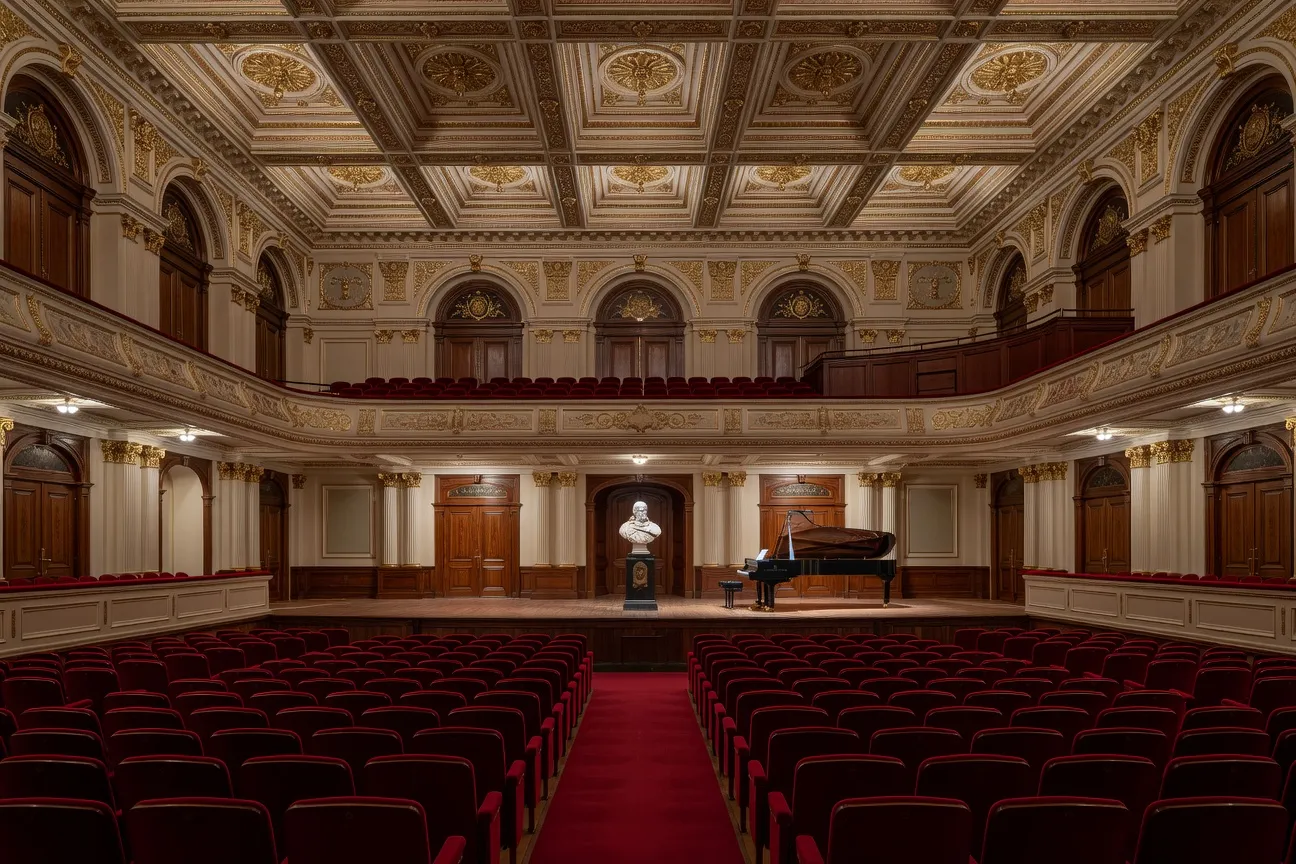 Jeune pianiste en cours de master class, professeur pointant la partition, ambiance de conservatoire russe
