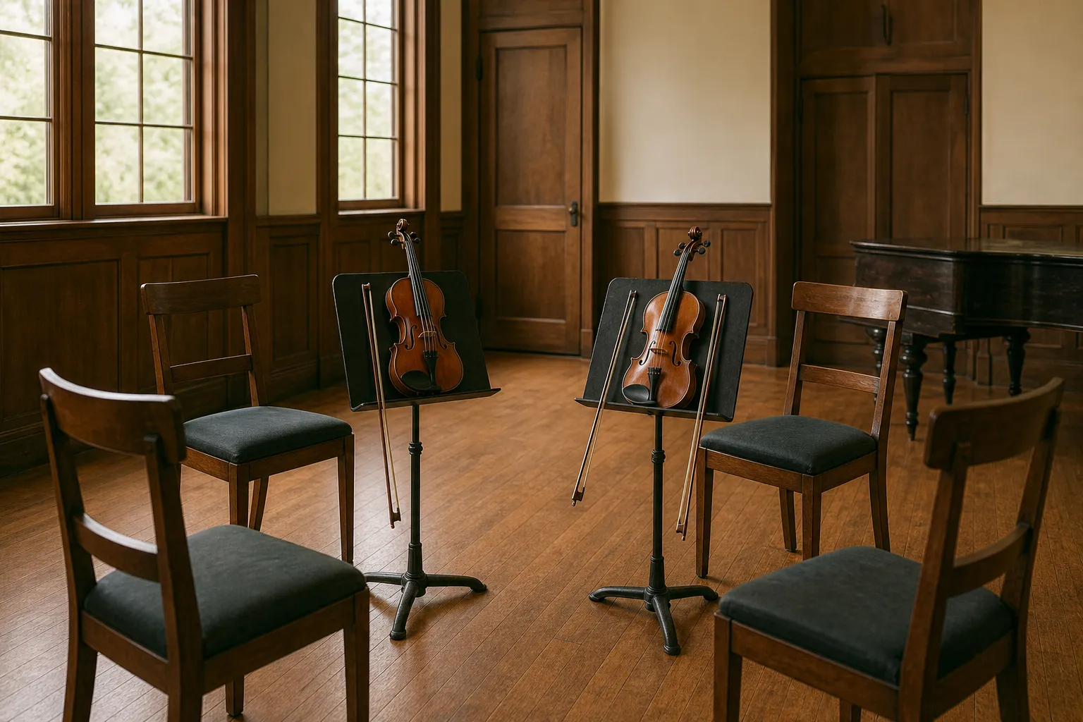 Deux violons sur des pupitres dans une petite salle de musique de chambre, lumière naturelle et ambiance d'étude