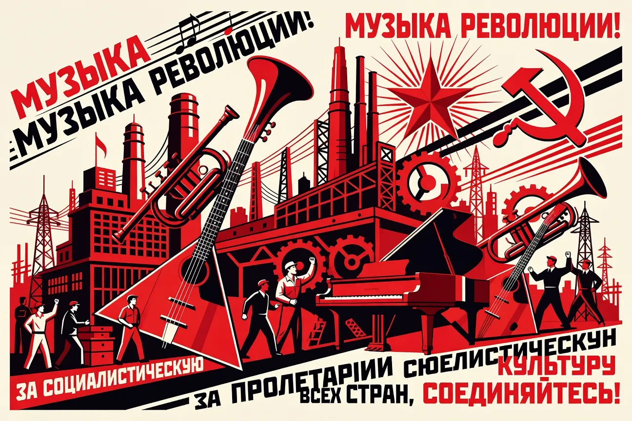 Affiche constructiviste soviétique des années 1930, rouge et noir, instruments de musique et imagerie politique