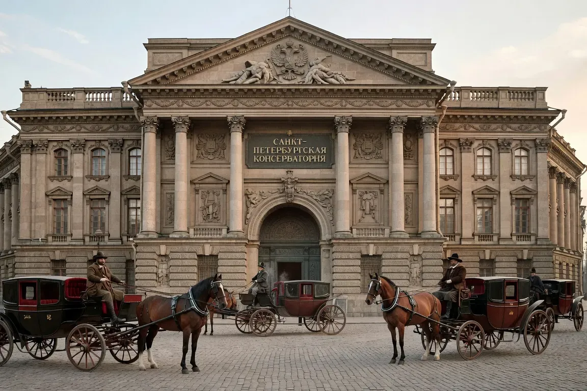 Façade du Conservatoire de Saint-Pétersbourg au XIXe siècle, architecture impériale russe, fiacres dans la rue