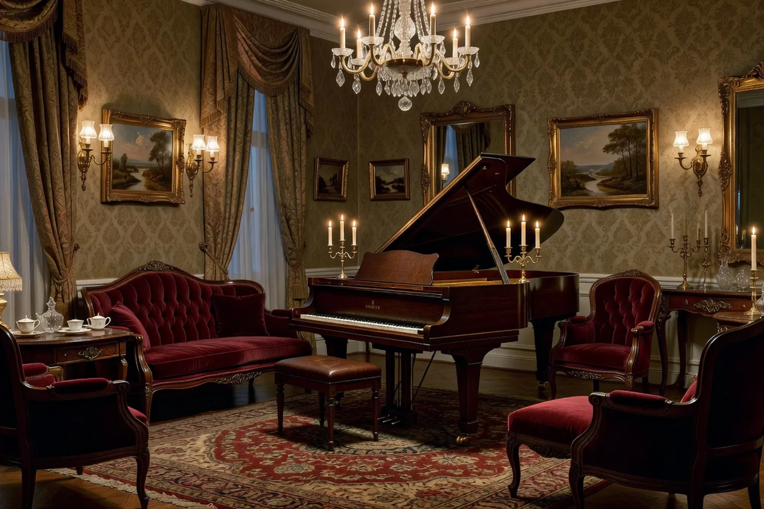 Salon bourgeois russe du XIXe siècle avec un piano à queue, ambiance intimiste, lumière tamisée de fin de soirée
