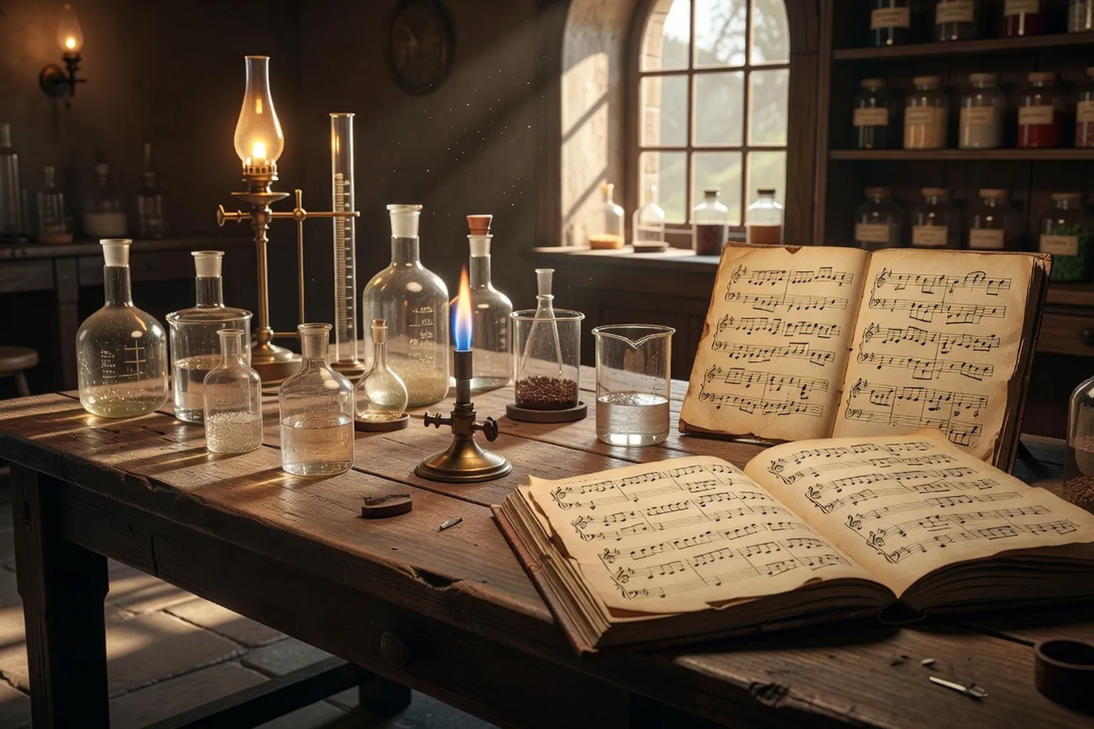 Laboratoire de chimie du XIXe siècle avec cornues et flacons, une partition manuscrite posée sur la paillasse à côté des instruments scientifiques