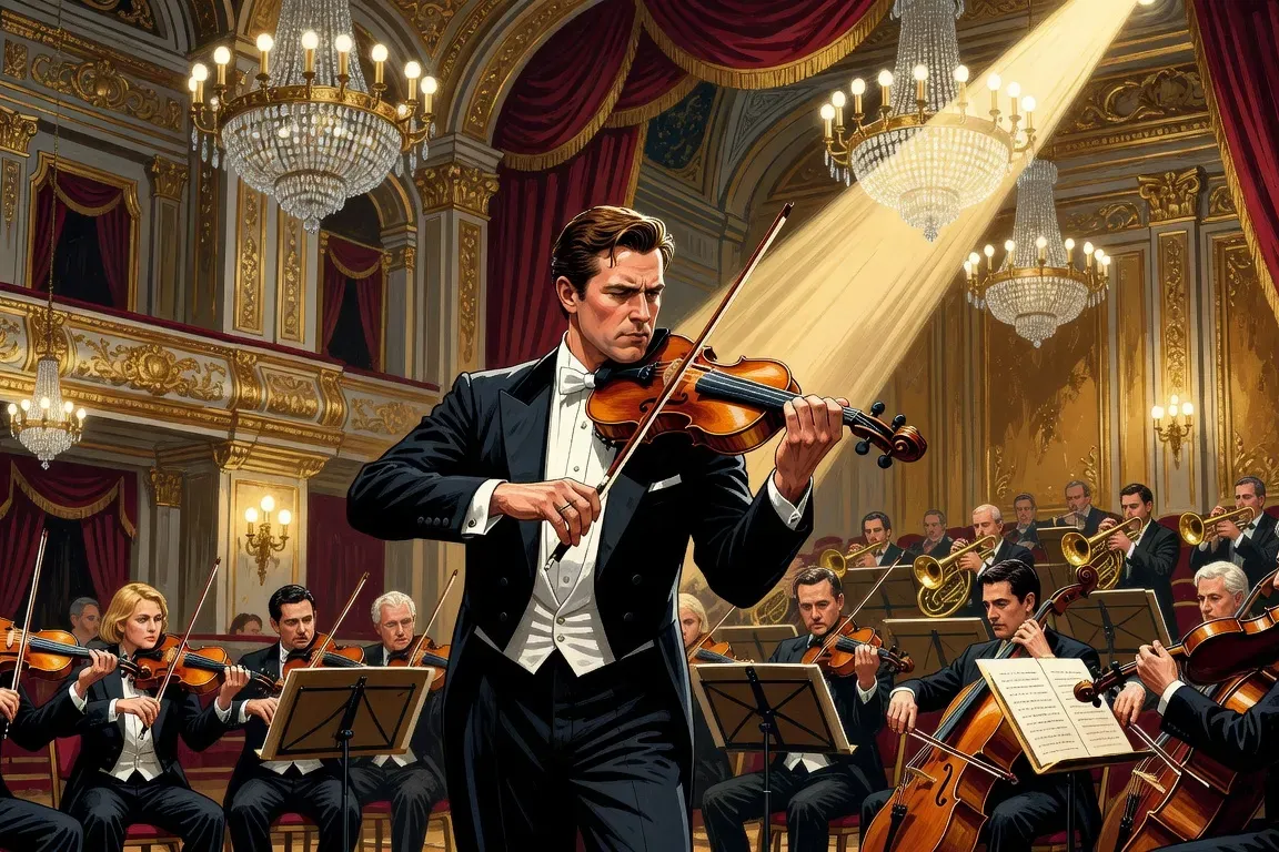 Violoniste soliste en concert dans une salle du XIXe siècle, orchestre derrière, éclairage doré, atmosphère romantique