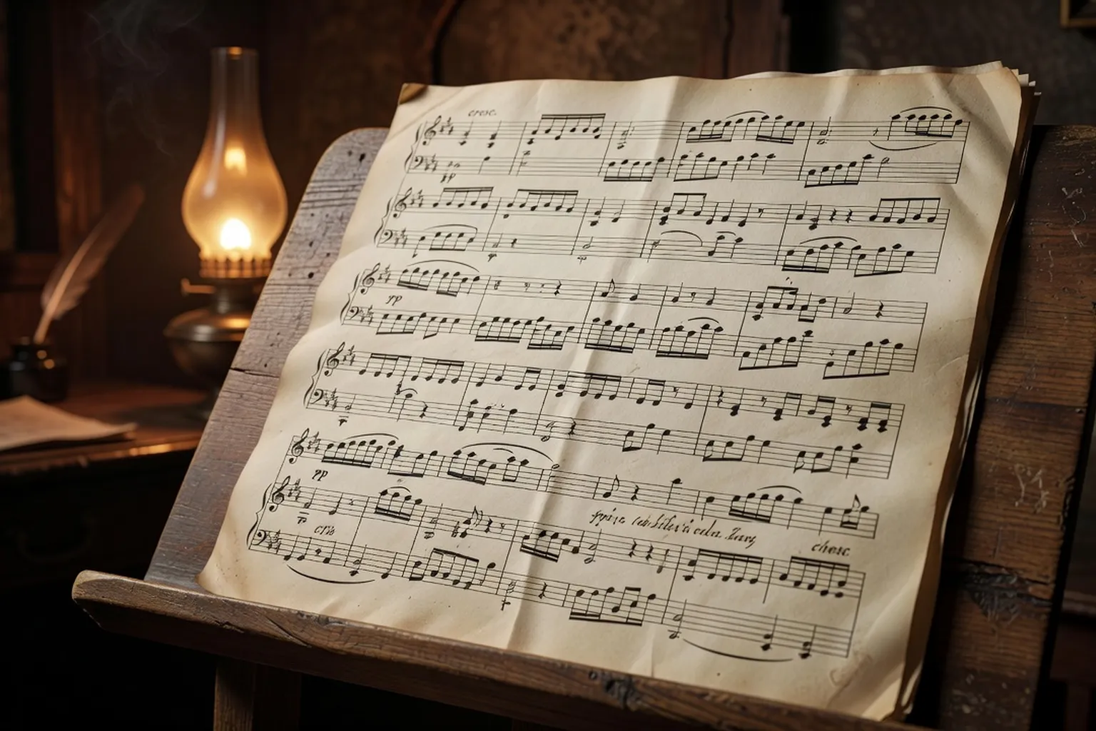 Partition manuscrite du XIXe siècle posée sur un pupitre de bois, éclairage chaud de lampe à huile, encre et ratures visibles