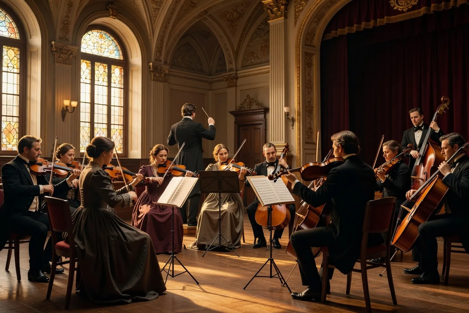 Intérieur d'une salle de concert russe du XIXe siècle pendant une répétition, musiciens d'orchestre en tenue d'époque, pupitres et instruments à cordes visibles