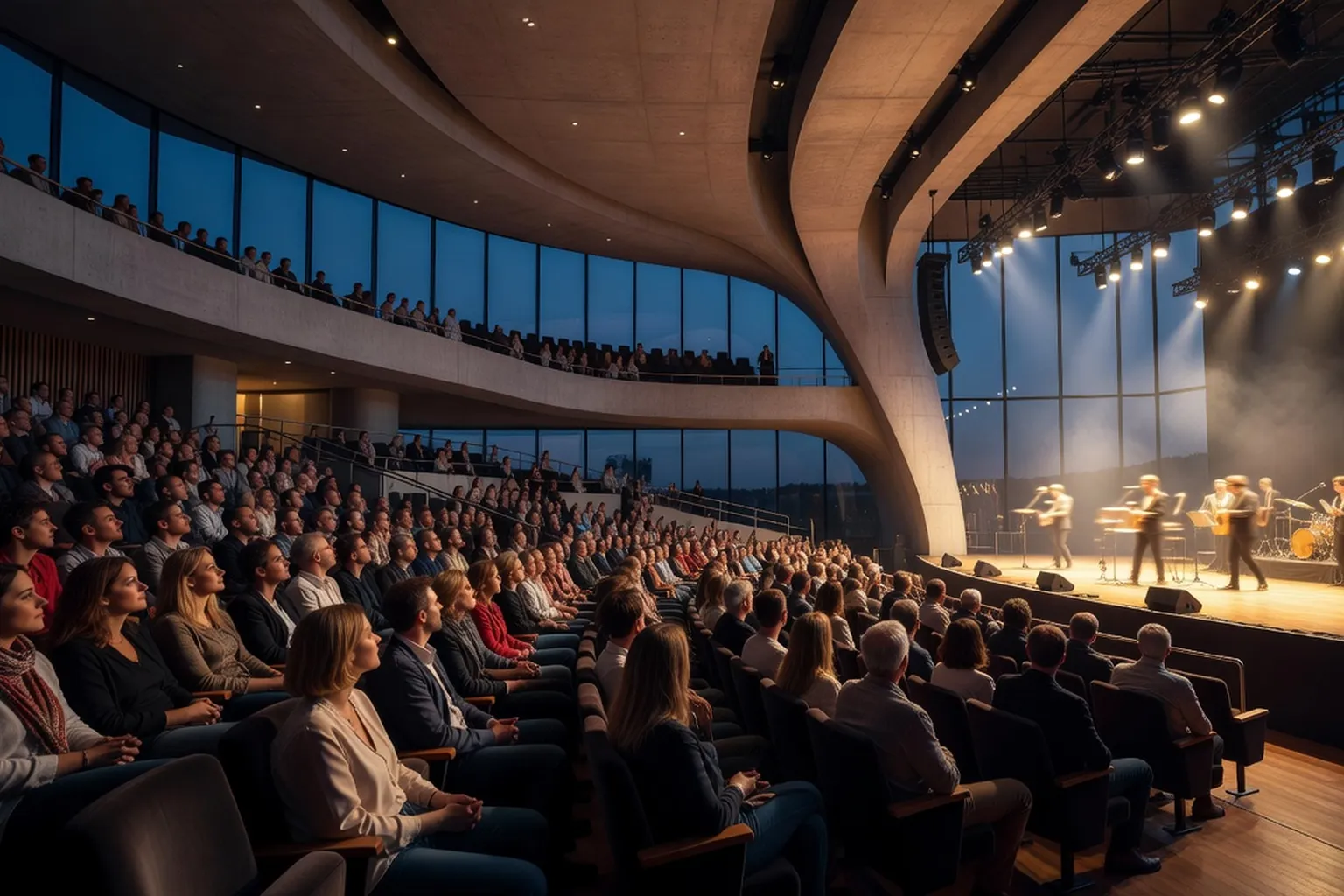 Salle de concert moderne en France, public attentif installé, ambiance de festival de musique classique