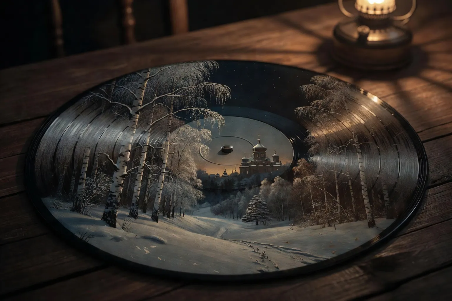Vinyle et CD de musique classique russe avec pochette évocatrice, ambiance chaleureuse et cosy sur une étagère en bois