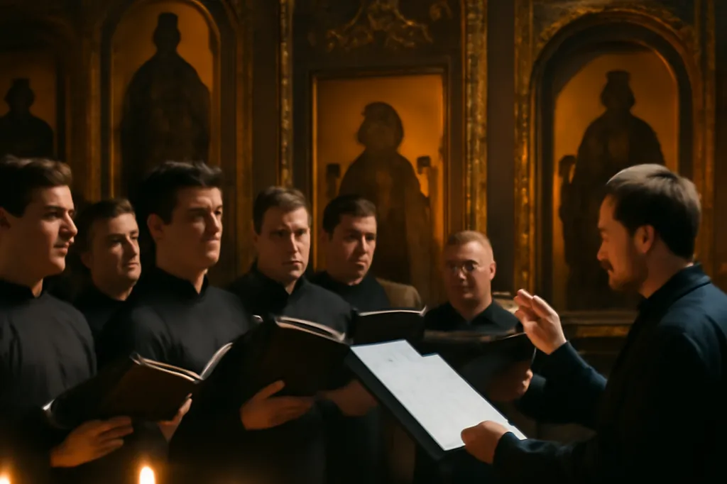 Chœur d'hommes chantant dans une église orthodoxe russe devant des icônes dorées