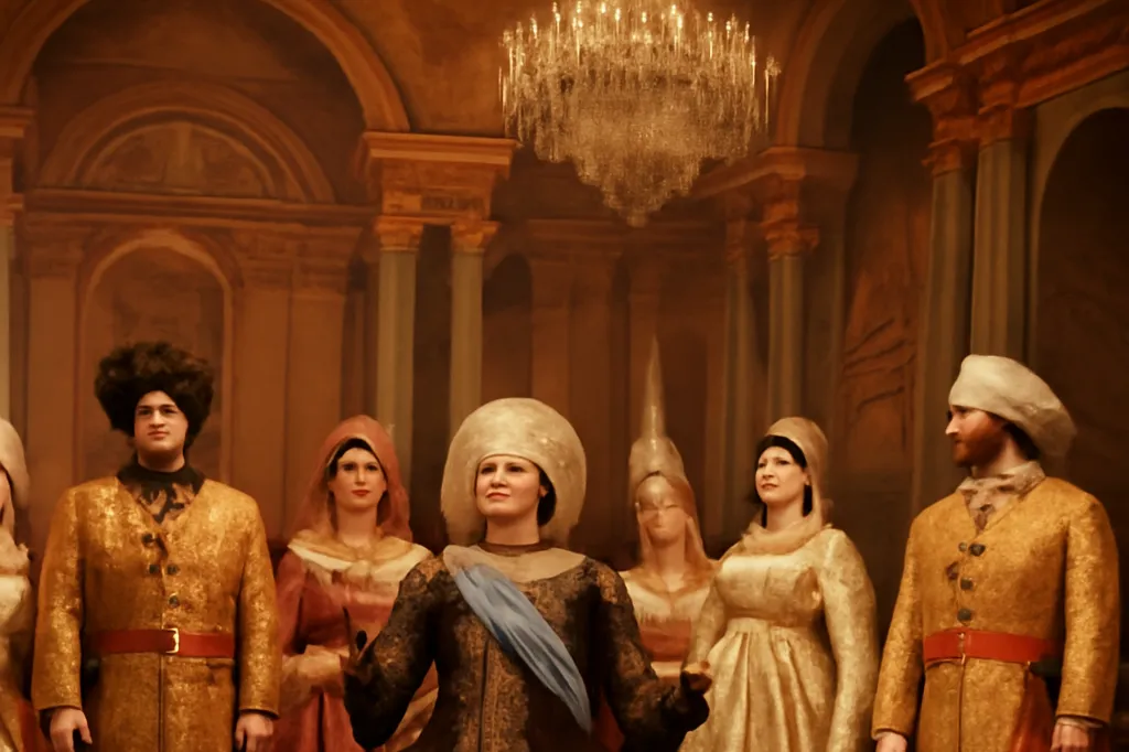 Scene d'opera avec costumes d'époque impériale russe et décor de palais peint