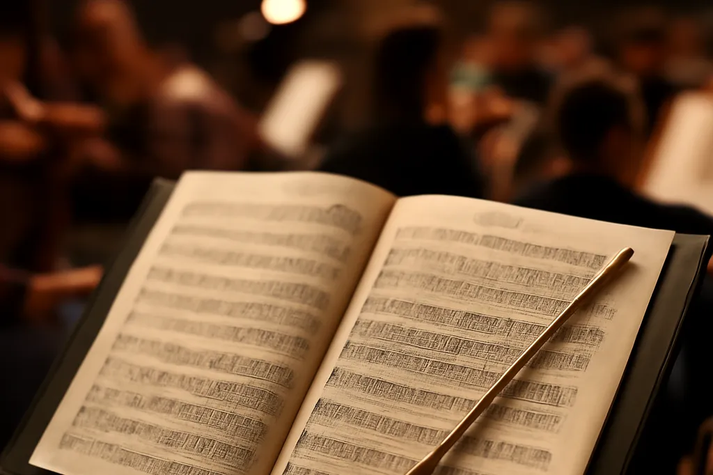 Pupitre de chef d'orchestre avec partition symphonique annotee et baguette posee a cote