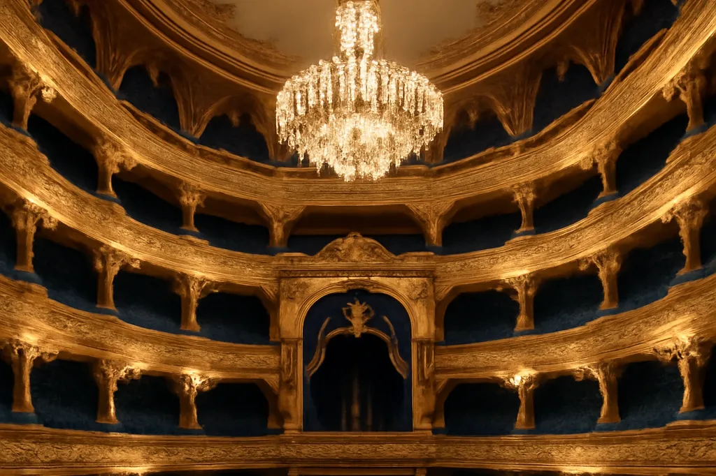 Salle de theatre a l'italienne de style imperial russe, loges dorees et lustre allume