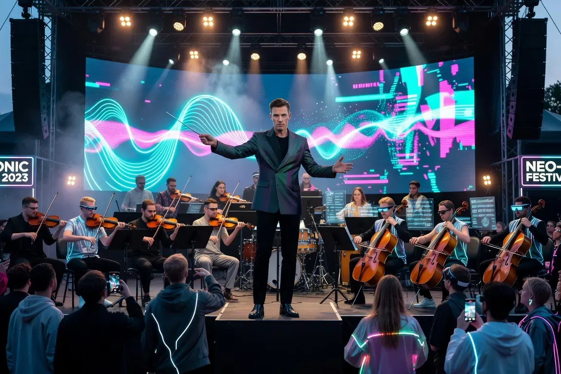 Festival de musique contemporaine en Europe, chef d'orchestre russe dirigeant un ensemble moderne, esthétique 2026