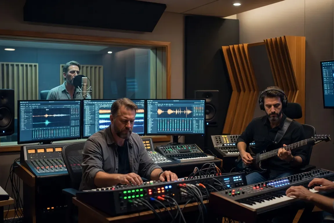Salle de concert moderne, musiciens russes contemporains en répétition, éclairage professionnel