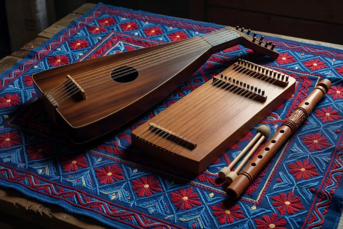 Instruments folkloriques des Carpates — bandura, tsymbaly et sopilka disposés sur un tissu brodé ukrainien (photographie ethnographique)
