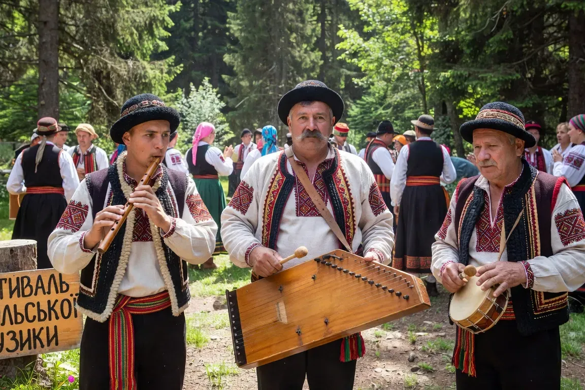 Scène de festival folklorique ukrainien de montagne avec musiciens en costume traditionnel, tsymbaly et sopilka au premier plan (photo documentaire)