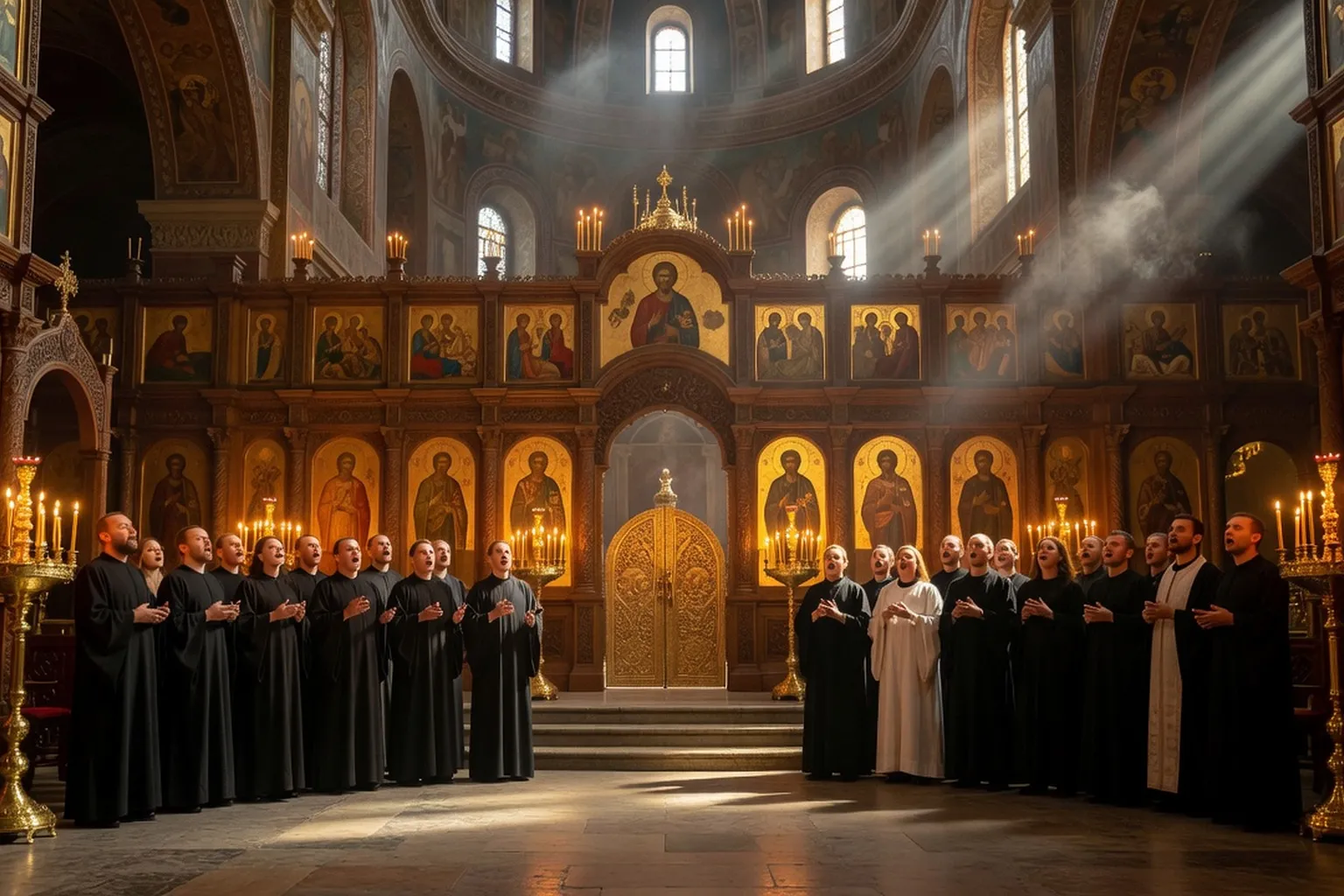 Intérieur d'une église orthodoxe russe, chœur en pleine liturgie chantée