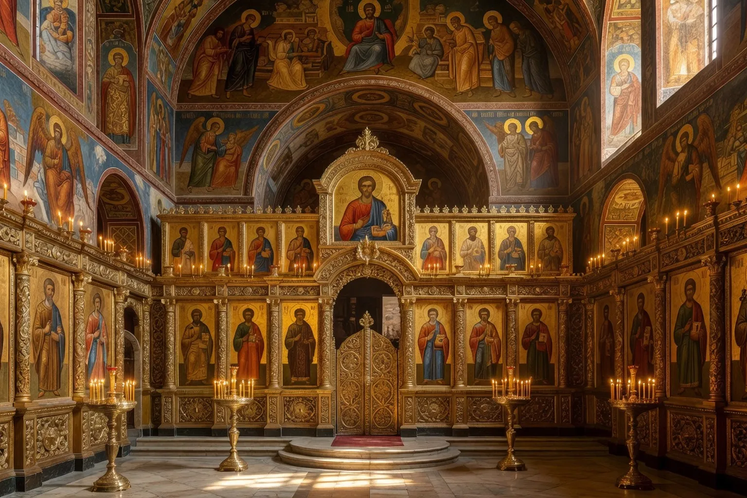 Iconostase et fresques d'une église orthodoxe, ambiance sacrée