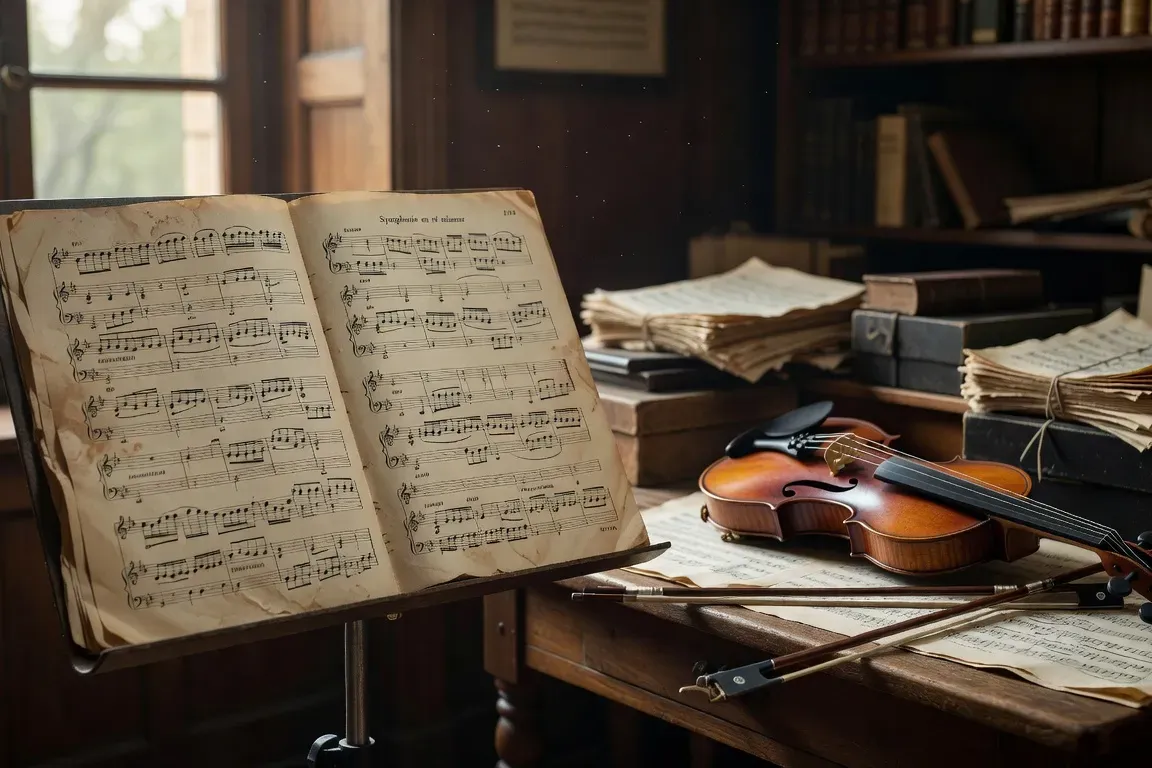 Partitions de musique de chambre sur un pupitre de salle de répétition, violons et alto visibles en arrière-plan (atmosphère de travail)