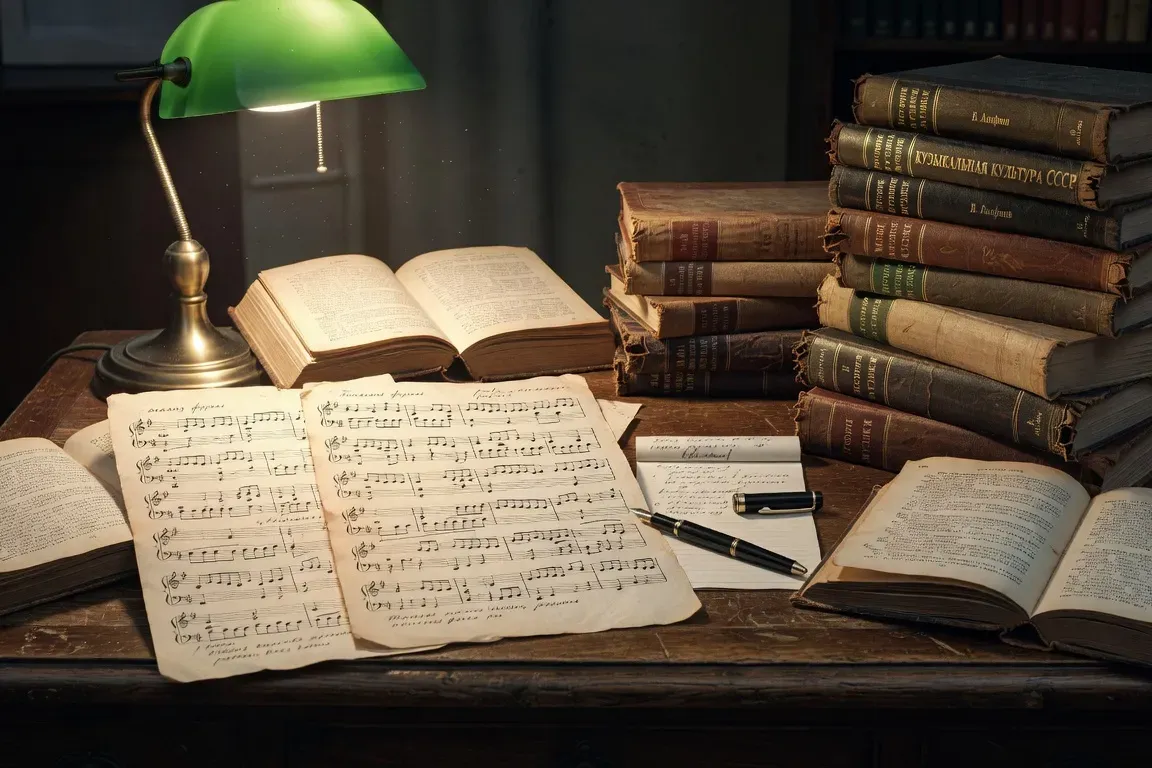 Bureau de musicologue avec partitions symphoniques de Chostakovitch, lumière de bibliothèque, ambiance studieuse