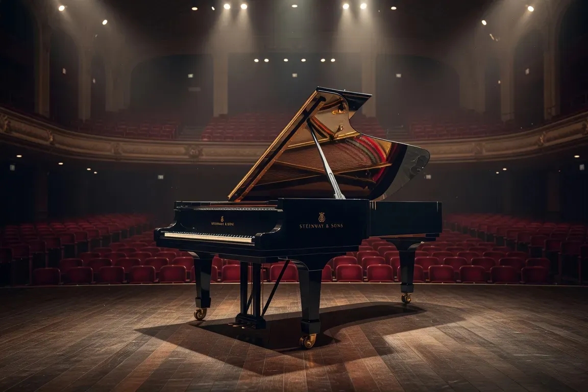 Piano Steinway de concert sous les projecteurs d'une grande salle, lumière dorée chaude