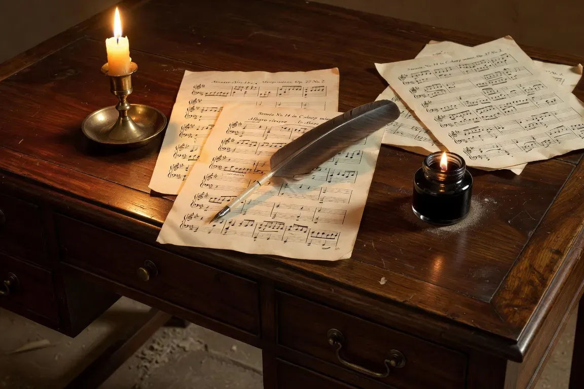 Partitions du Concerto n°2 de Rachmaninov sur un bureau en bois XIXe, plume et encrier