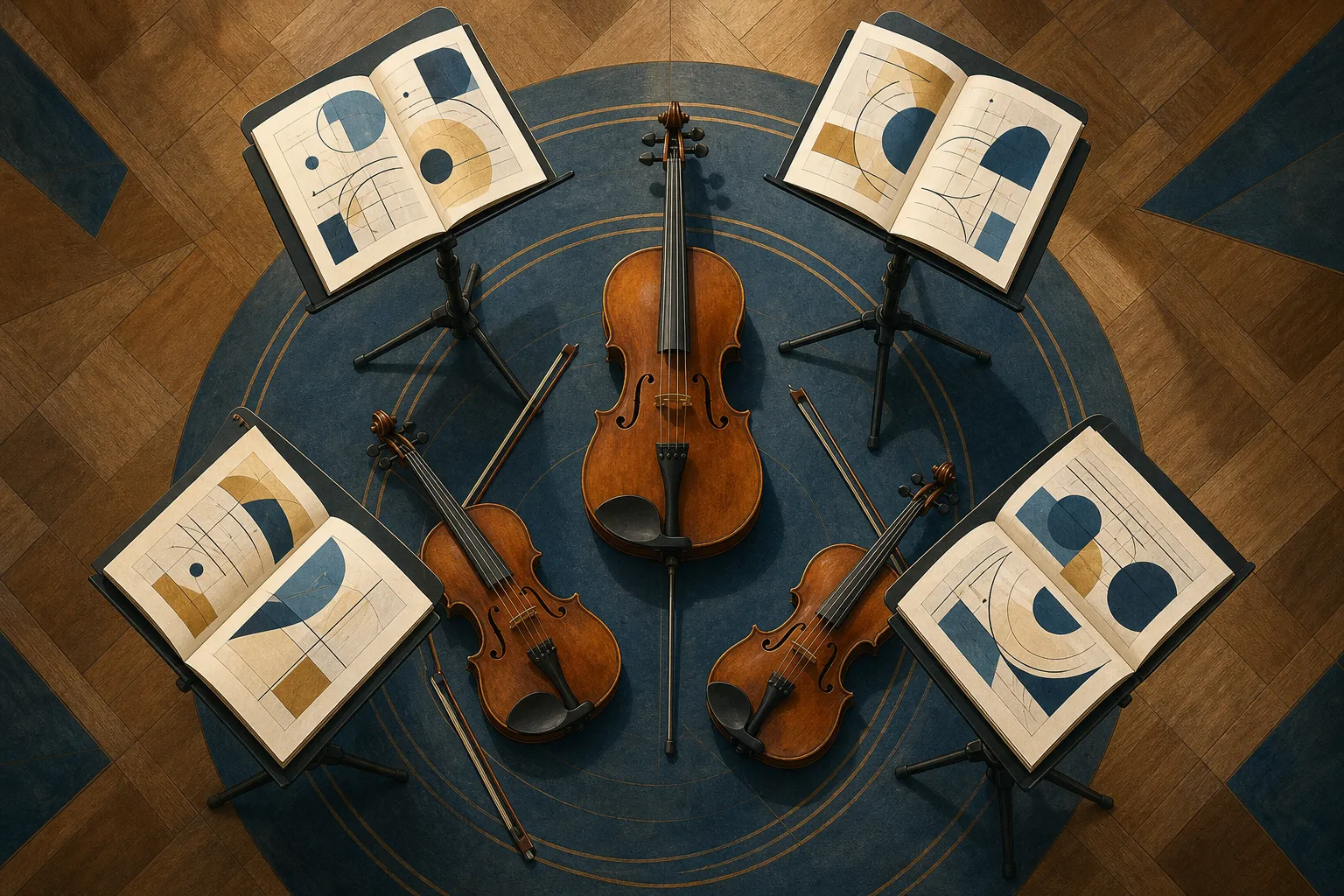 Trio avec piano en répétition, violon, violoncelle et clavier dans une salle boisée