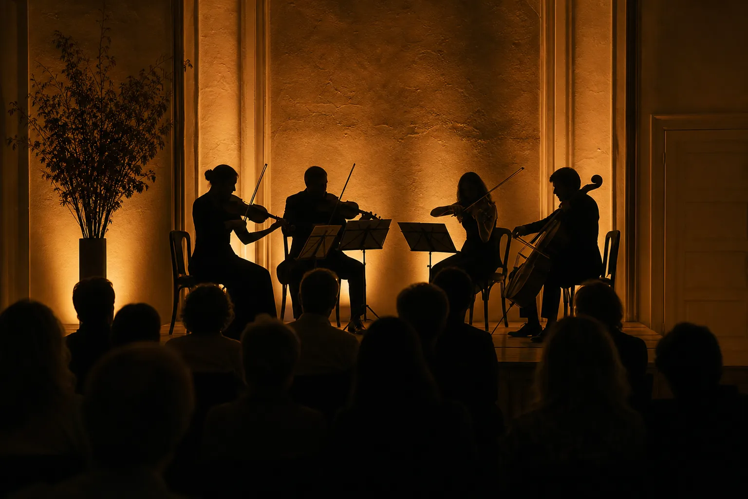 Quatuor à cordes vu de dessus, partitions formant un cercle au centre des musiciens